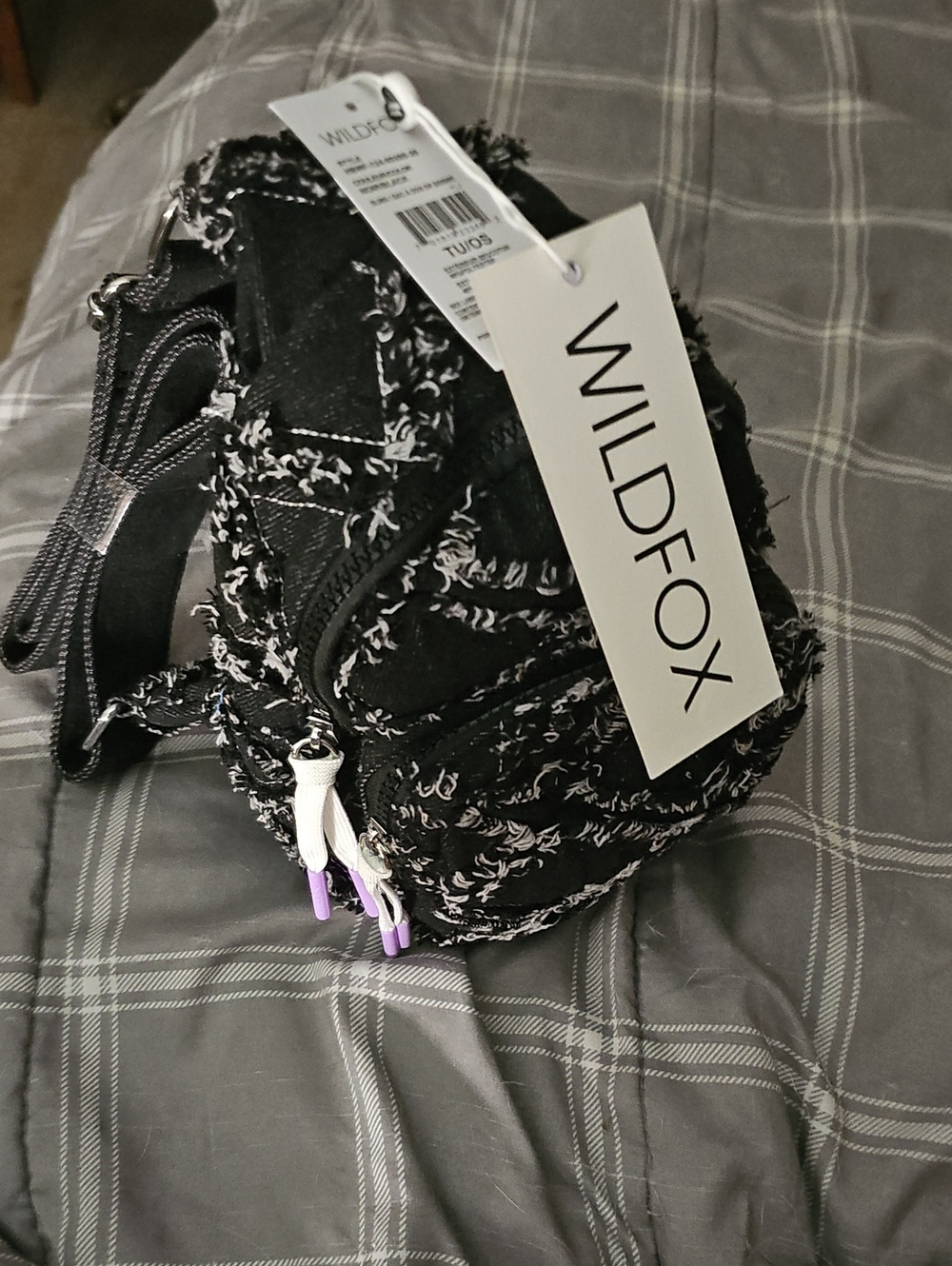 Wildfox Black & White Tweed Crossbody Bag with Lavender Zipper Pulls
